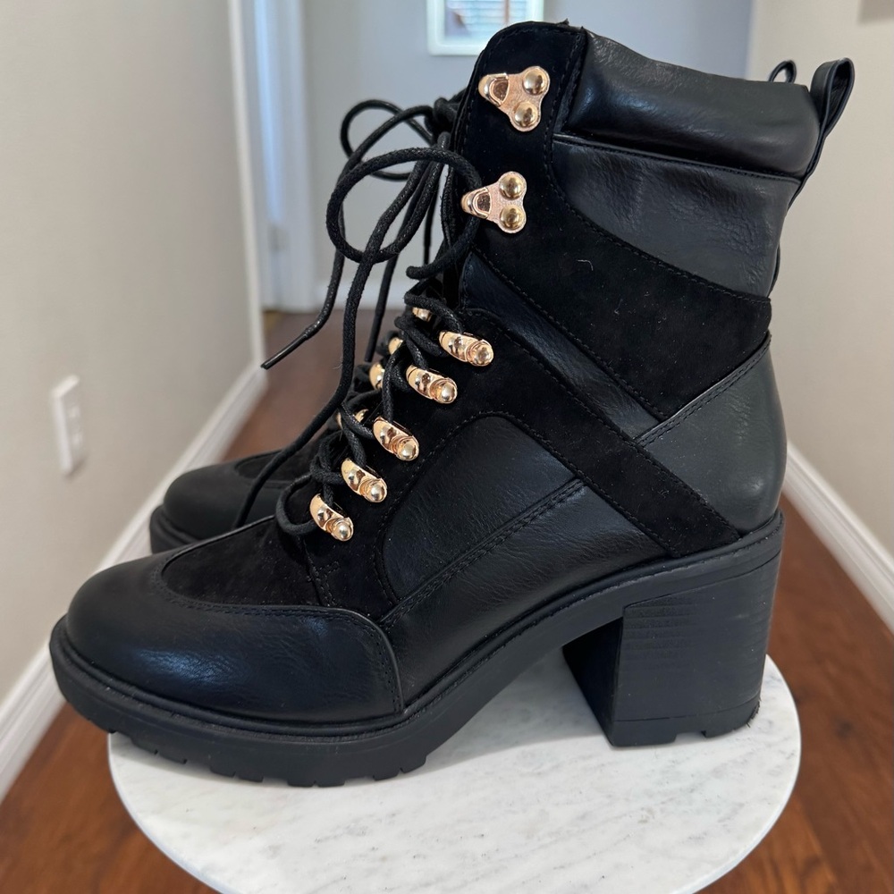 Black Leather Ankle Boots with Gold Accents